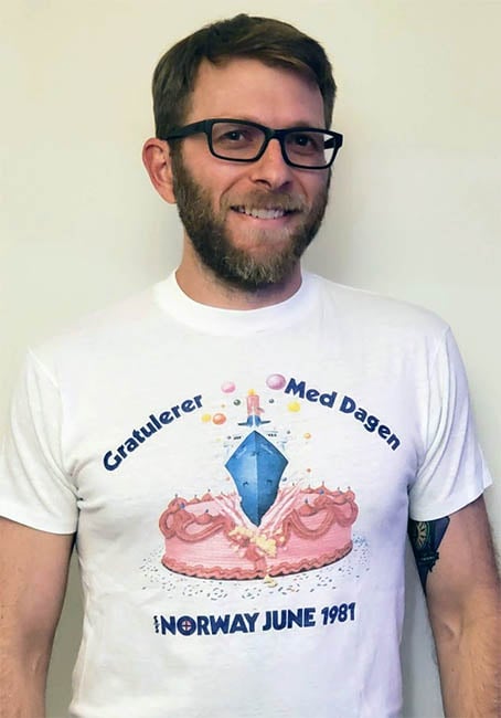Billy wearing a "Happy Birthday" shirt for NCL's Norway